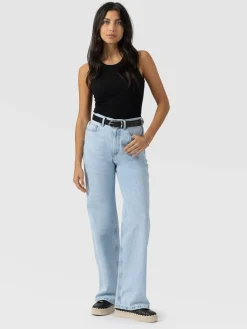 Adjustable Wide Leg Jeans - Pale Blue