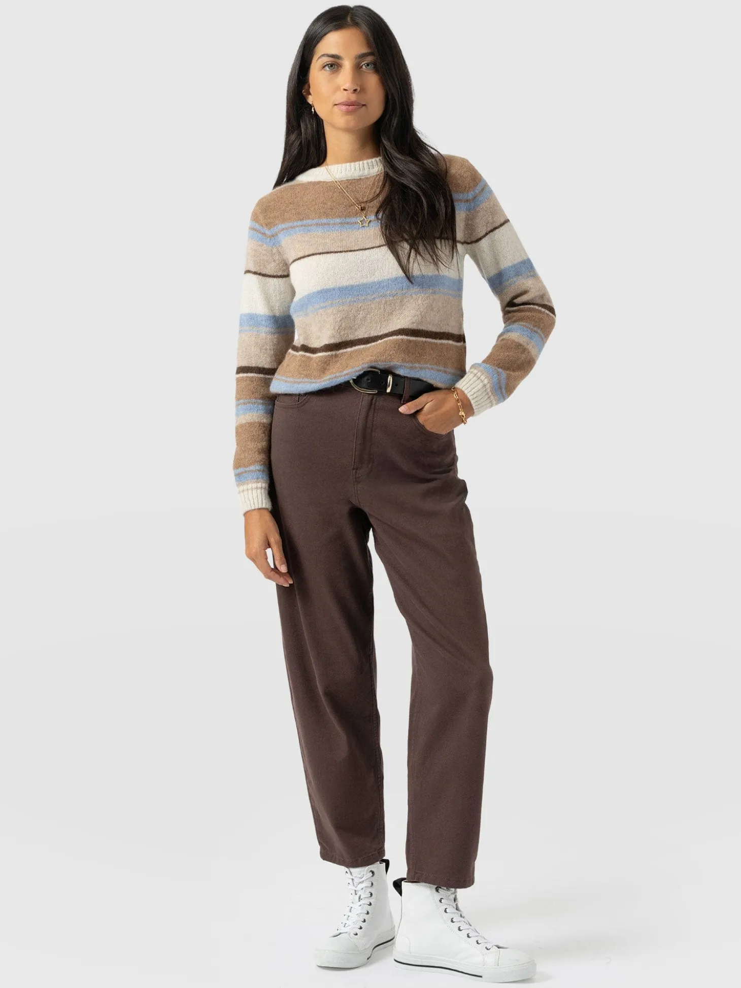 Ariella Boat Neck Sweater - Blue/Brown Stripe