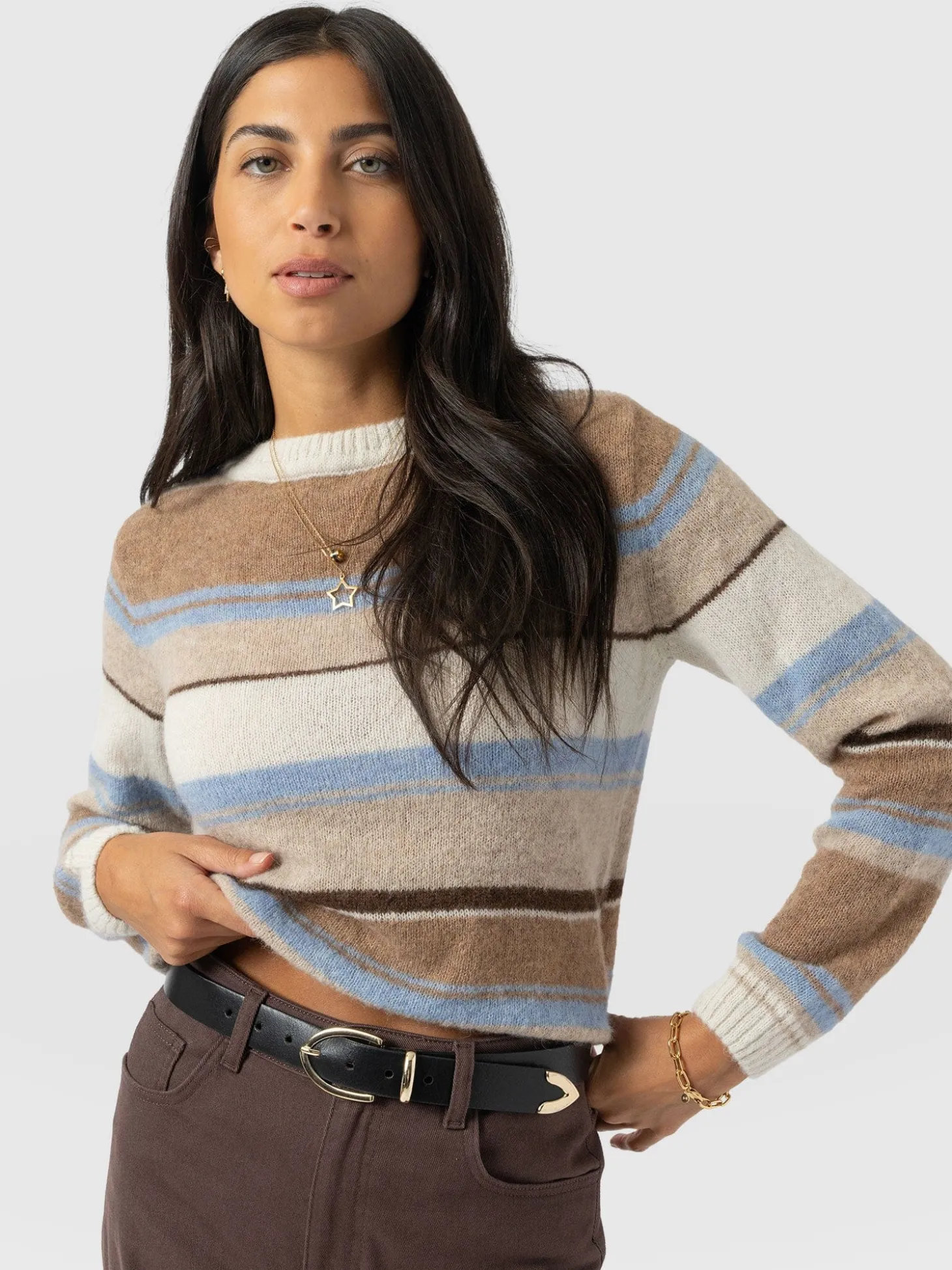 Ariella Boat Neck Sweater - Blue/Brown Stripe
