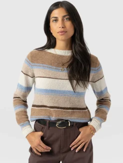 Ariella Boat Neck Sweater - Blue/Brown Stripe