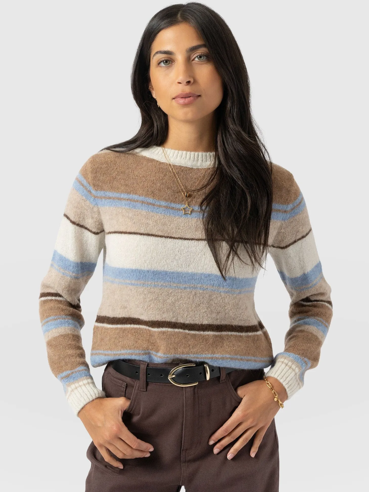 Ariella Boat Neck Sweater - Blue/Brown Stripe