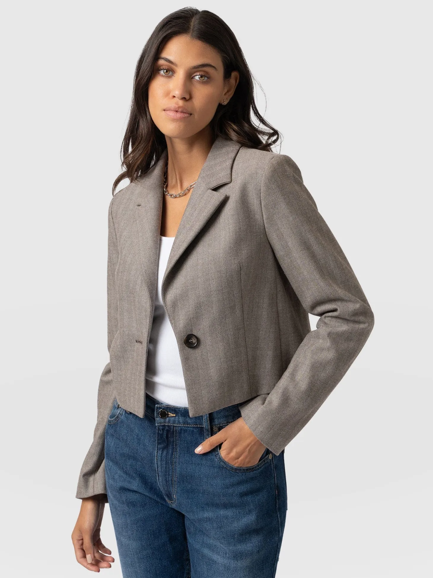 Astrid Cropped Blazer - Brown Herringbone