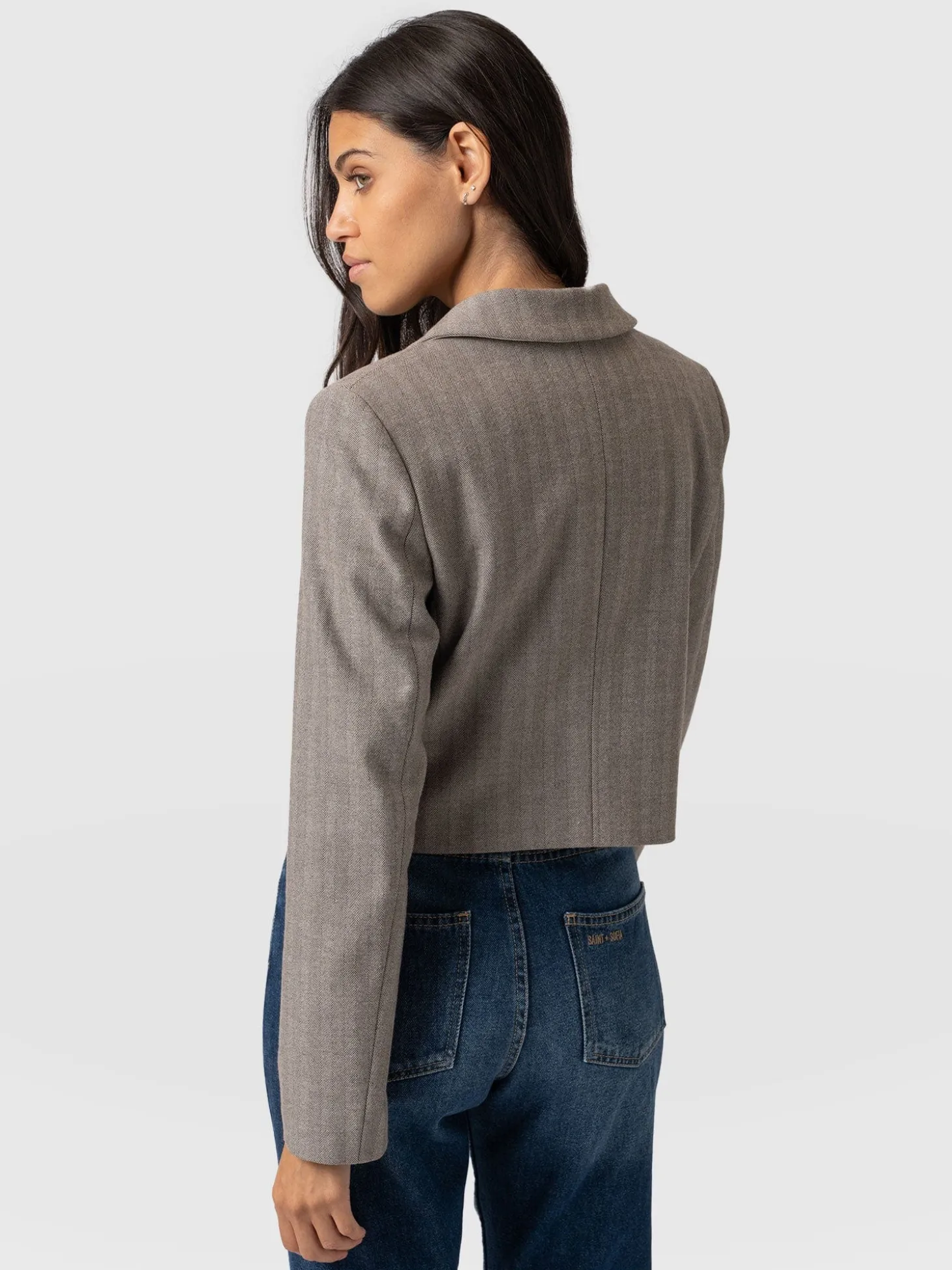 Astrid Cropped Blazer - Brown Herringbone