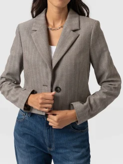 Astrid Cropped Blazer - Brown Herringbone