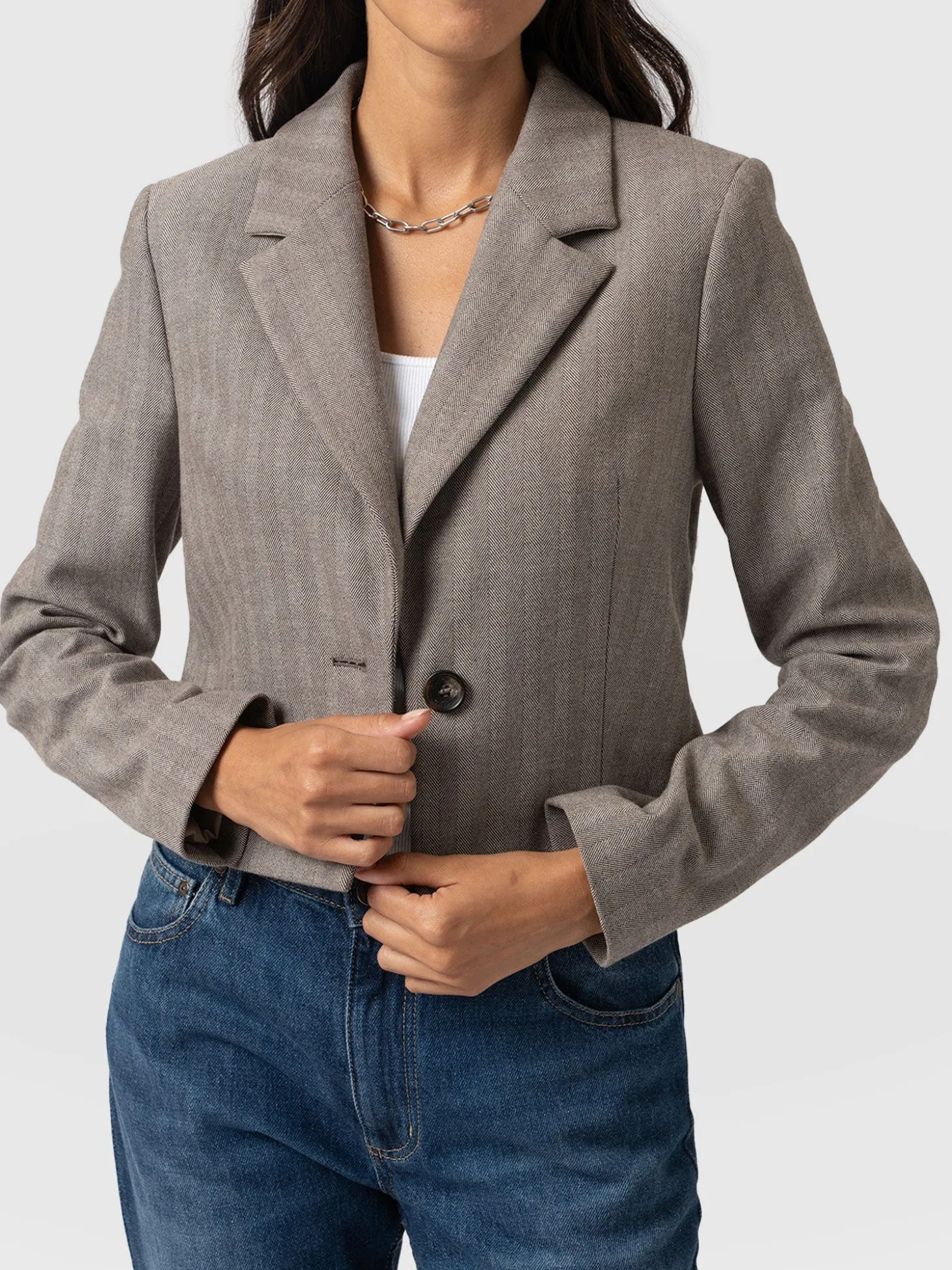 Astrid Cropped Blazer - Brown Herringbone