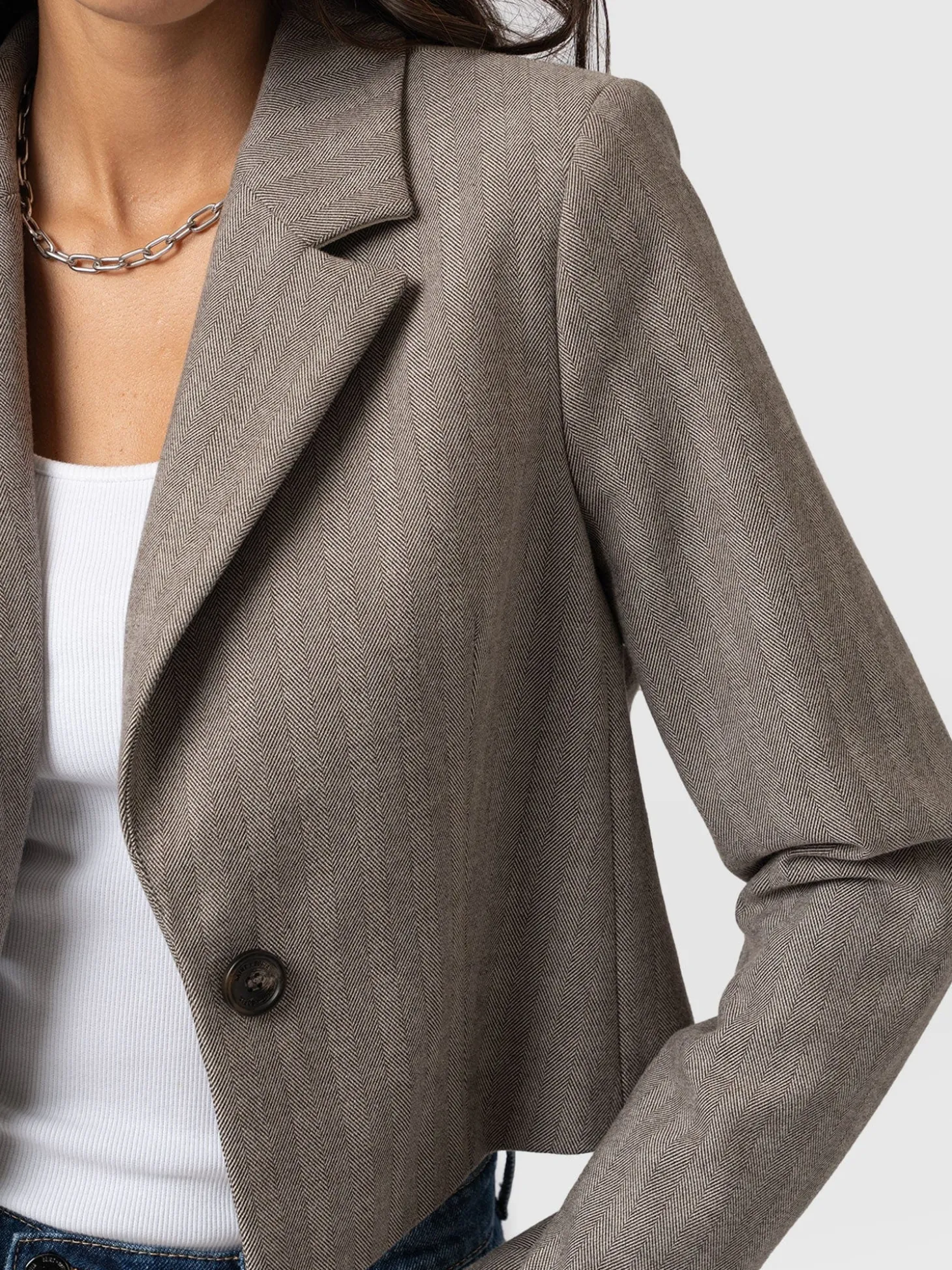 Astrid Cropped Blazer - Brown Herringbone