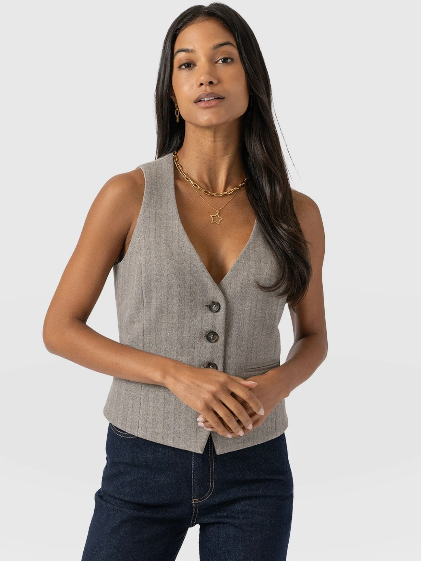Astrid Vest - Brown Herringbone