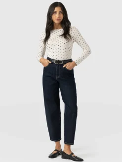 Austen Boat Neck Long Sleeve Tee - Cream Polka Dot