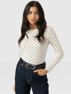 Austen Boat Neck Long Sleeve Tee - Cream Polka Dot