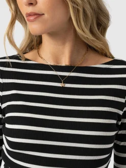 Austen Boat Neck Long Sleeve Tee - Black Stripe