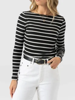 Austen Boat Neck Long Sleeve Tee - Black Stripe
