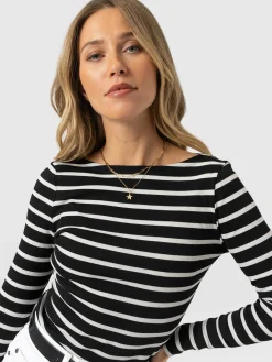 Austen Boat Neck Long Sleeve Tee - Black Stripe