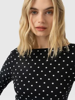 Austen Boat Neck Long Sleeve Tee - Black Polka Dot