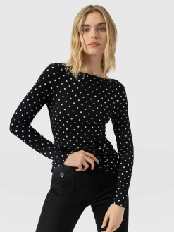 Austen Boat Neck Long Sleeve Tee - Black Polka Dot