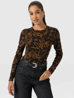 Austen Crew Neck Long Sleeve Tee - Brown Zebra