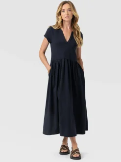 Bonnie V Neck Dress - Navy