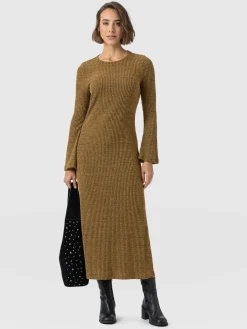 Callie Fluted Midi Dress - Mustard Melange