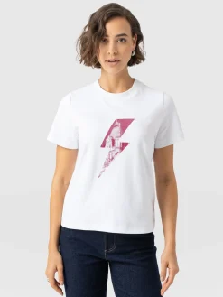 Chelsea Crew Neck Tee - White - Pink Lightning Bolt