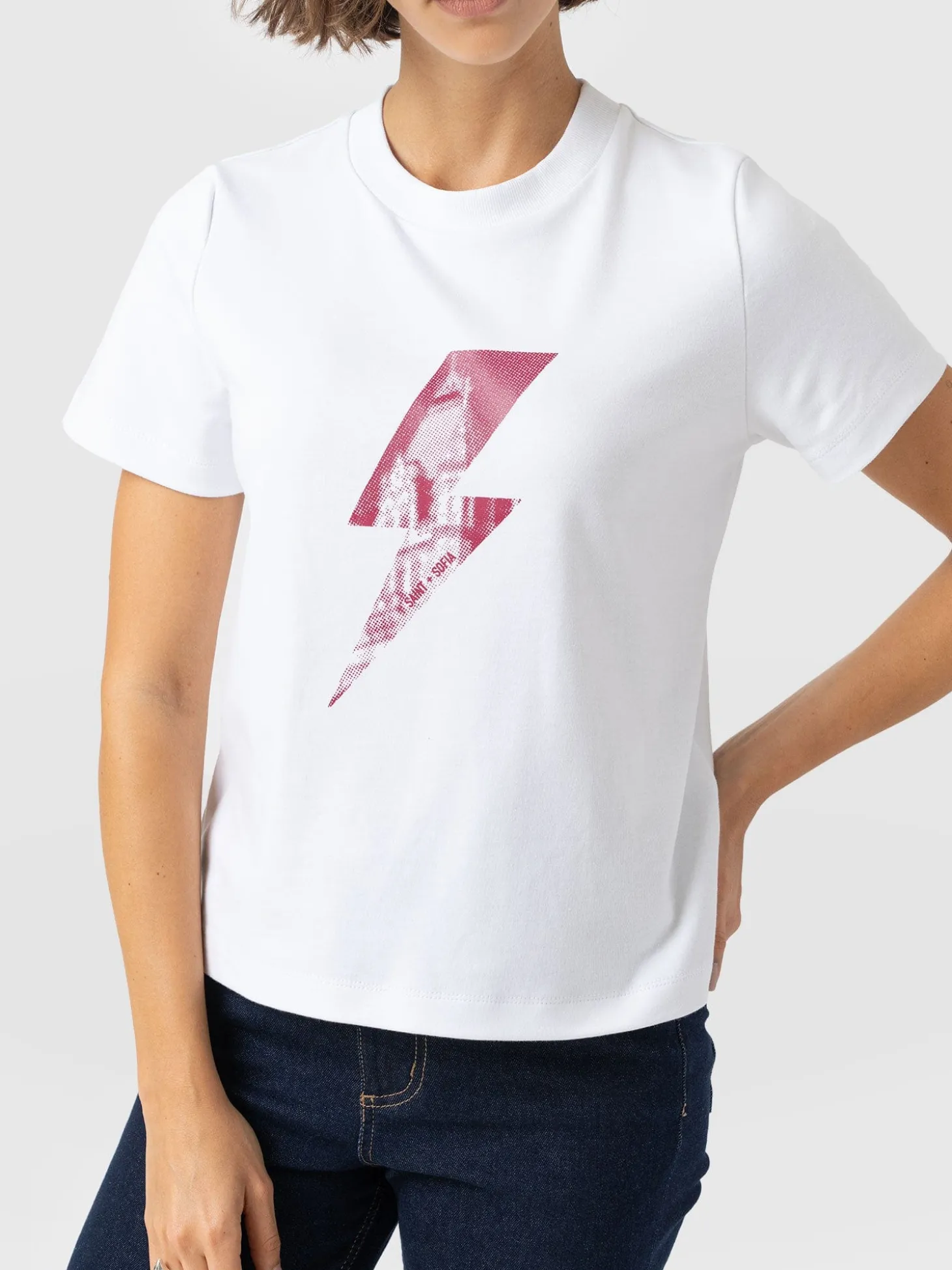 Chelsea Crew Neck Tee - White - Pink Lightning Bolt