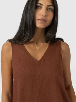 Corinne Linen V Neck Tunic - Russet Brown