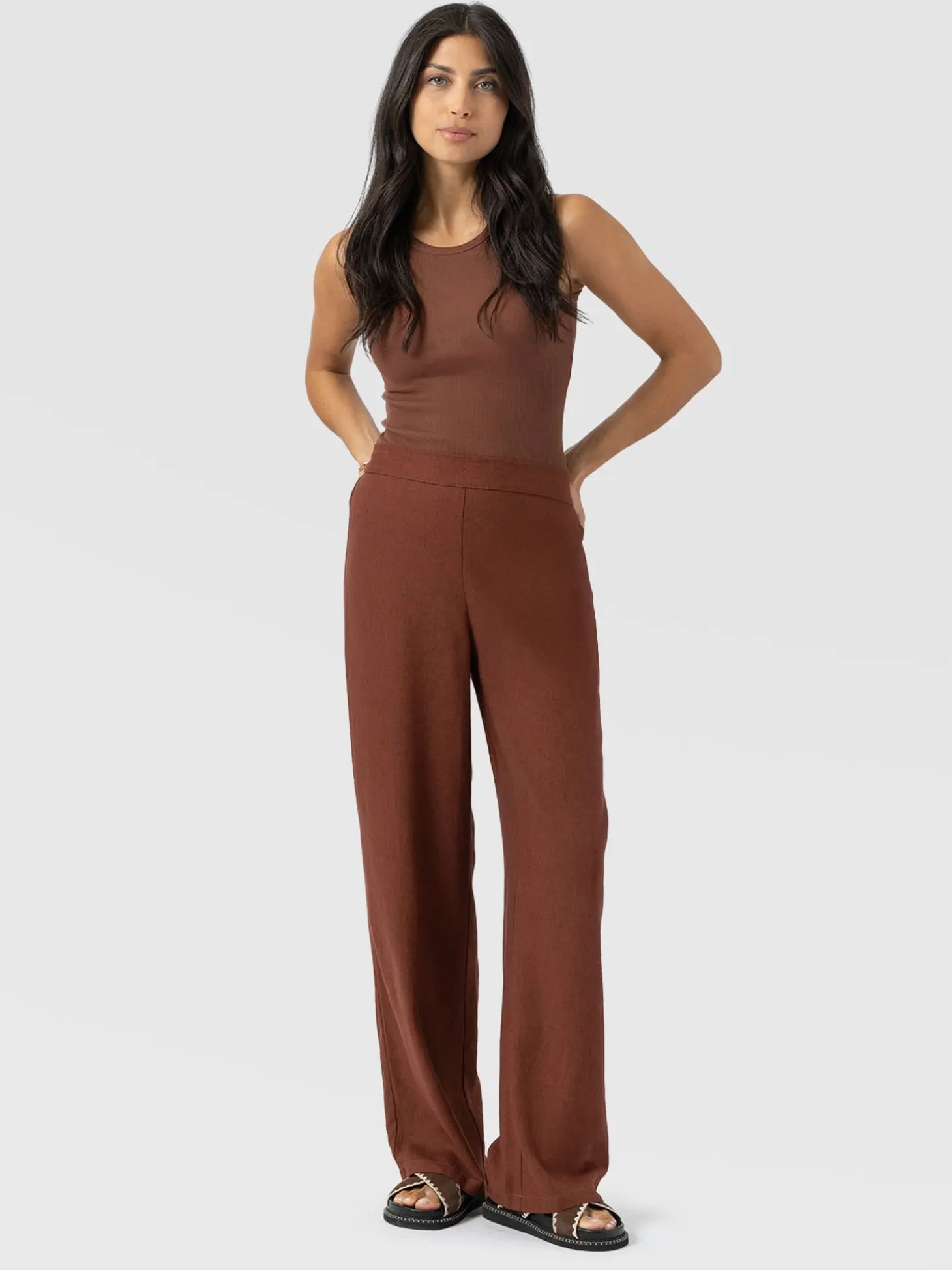 Corinne Wide Leg Linen Pant - Russet Brown