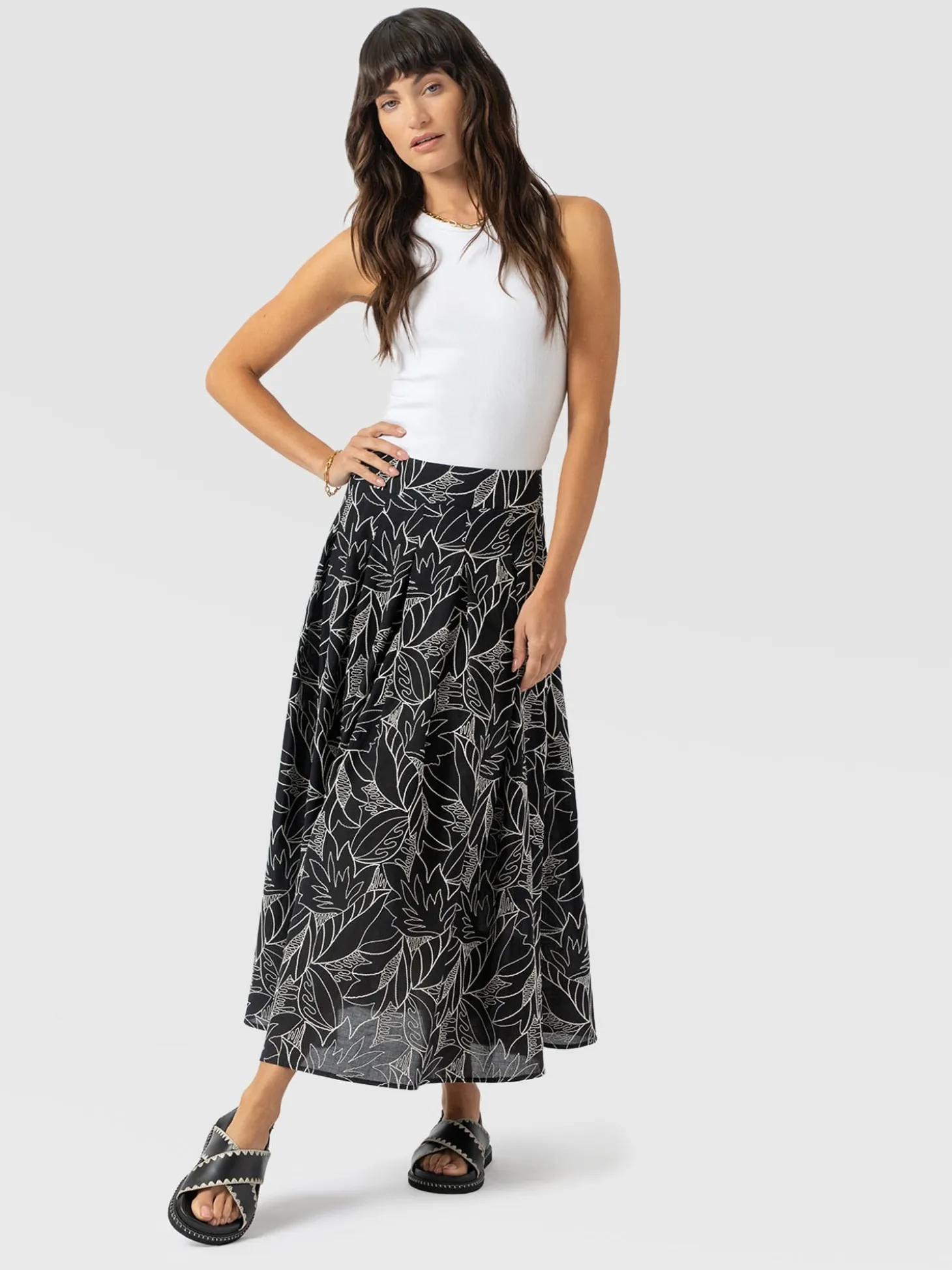 Eliza Pleated Skirt - Black Embroidered