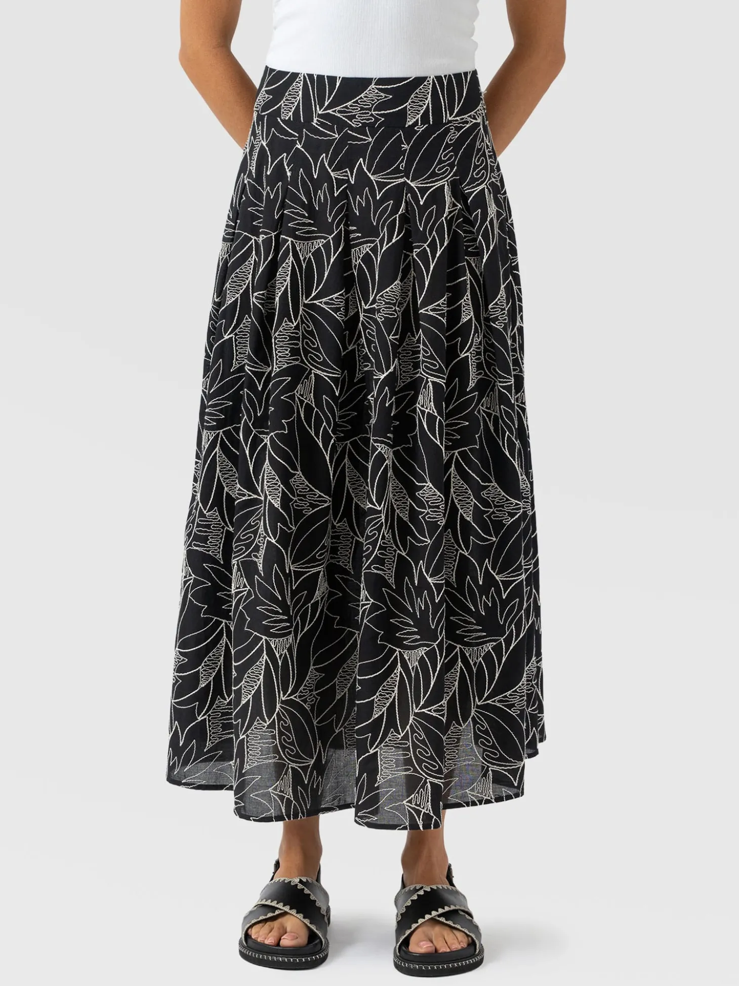 Eliza Pleated Skirt - Black Embroidered