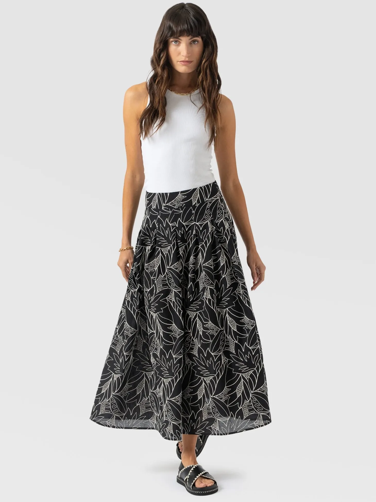 Eliza Pleated Skirt - Black Embroidered