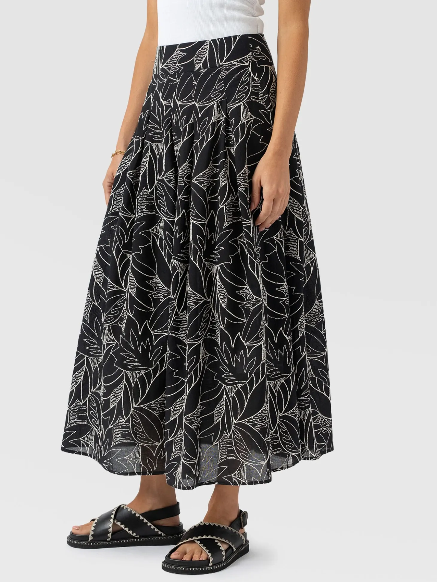 Eliza Pleated Skirt - Black Embroidered