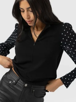 Ella Zip Up Top - Black Polka Dot