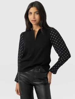 Ella Zip Up Top - Black Polka Dot