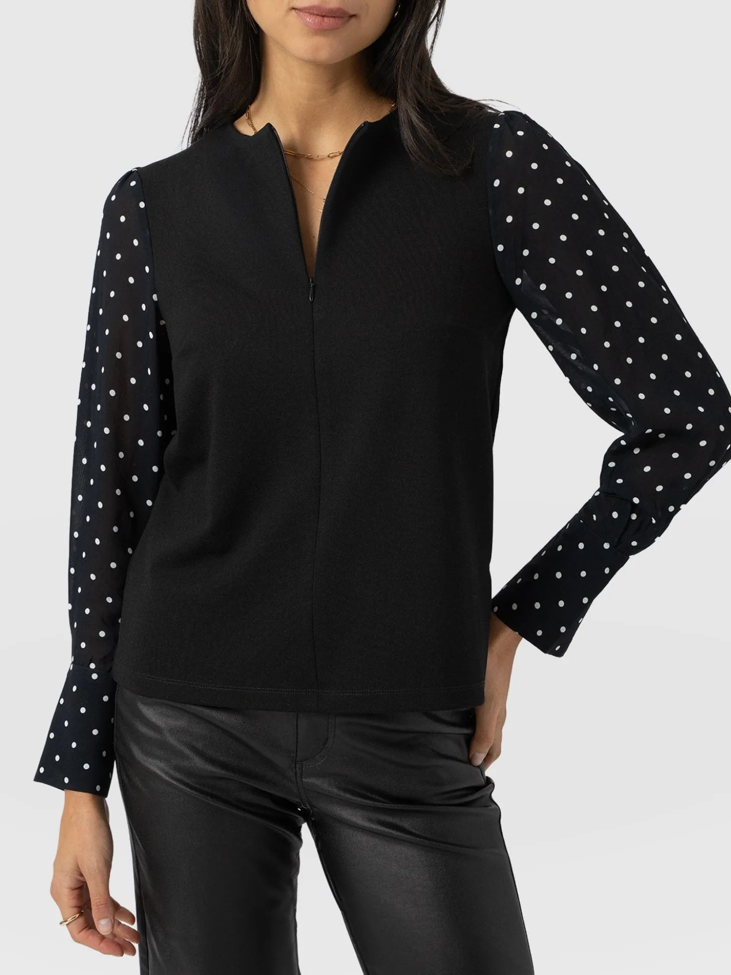 Ella Zip Up Top - Black Polka Dot