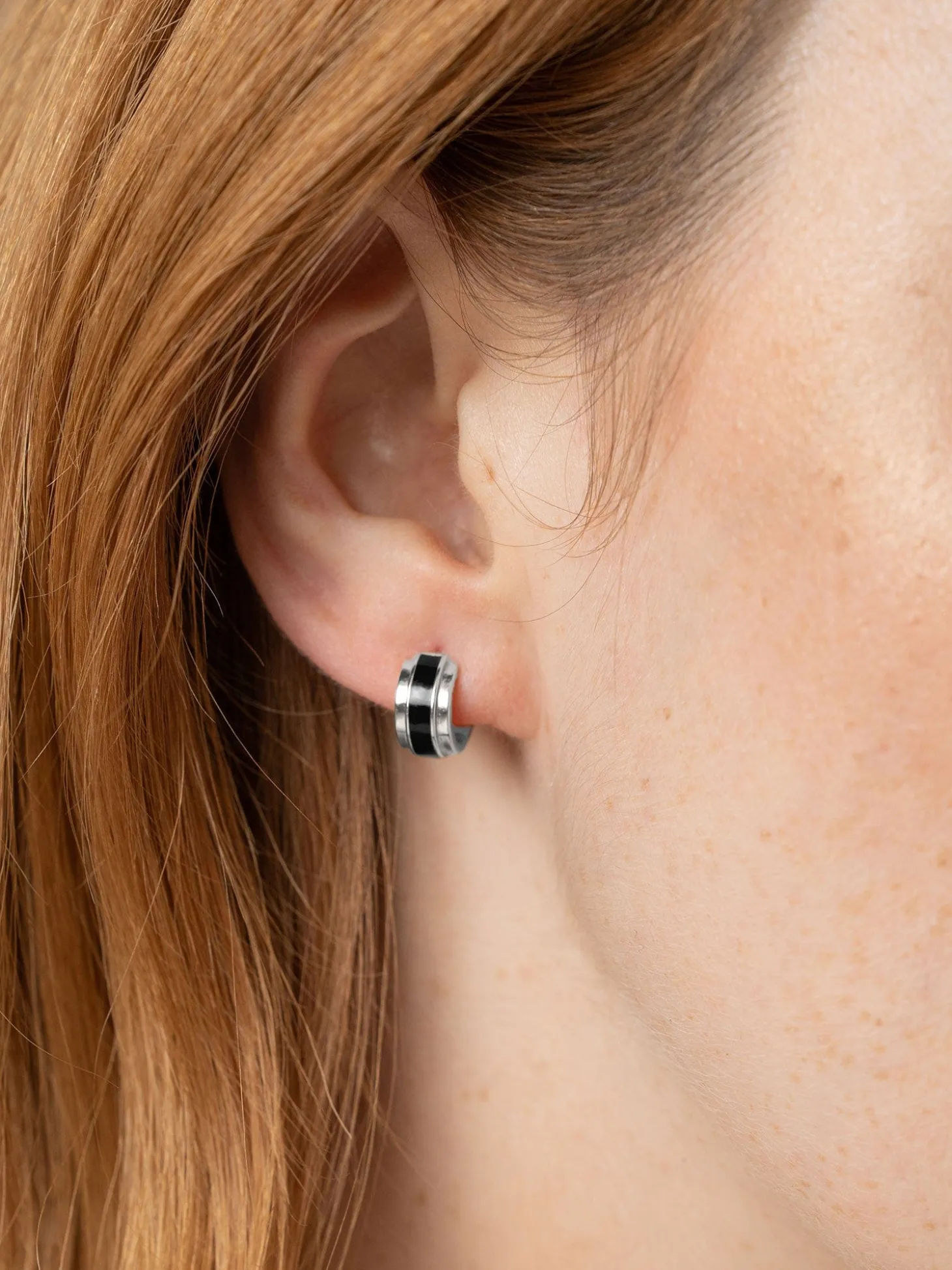 Enamel Stripe Huggie Earrings - Silver/Black