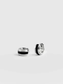 Enamel Stripe Huggie Earrings - Silver/Black