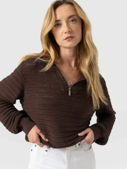Ester Quarter Zip Knit - Chocolate