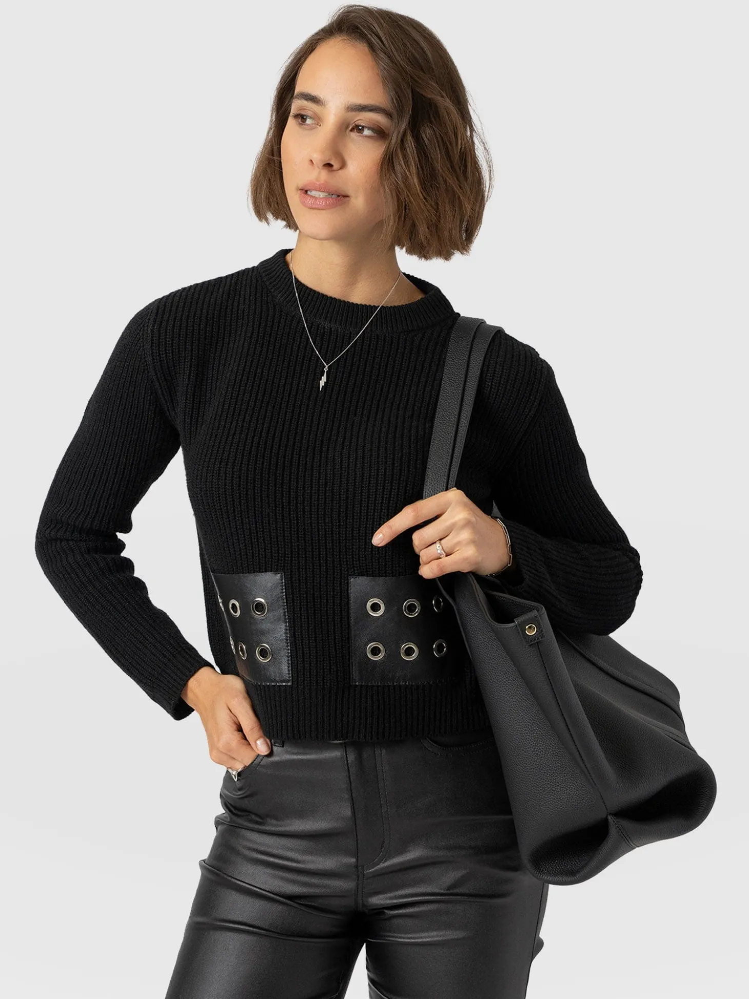 Eyelet Rib Knit Sweater - Black