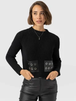 Eyelet Rib Knit Sweater - Black