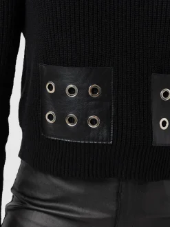 Eyelet Rib Knit Sweater - Black