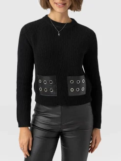 Eyelet Rib Knit Sweater - Black