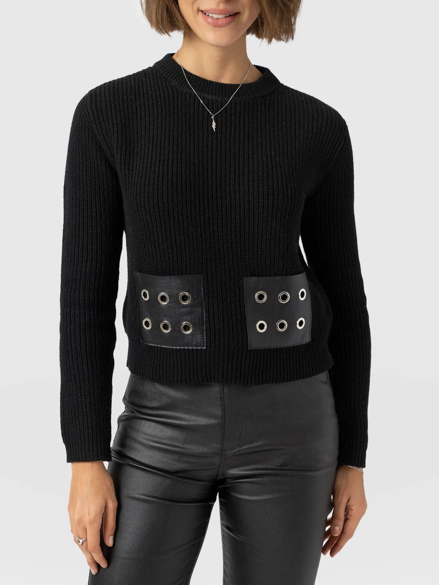 Eyelet Rib Knit Sweater - Black