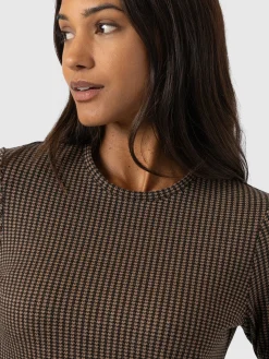 Glen Crew Neck Tee Long Sleeve - Brown Mini Houndstooth