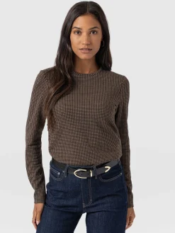 Glen Crew Neck Tee Long Sleeve - Brown Mini Houndstooth