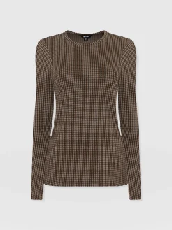 Glen Crew Neck Tee Long Sleeve - Brown Mini Houndstooth