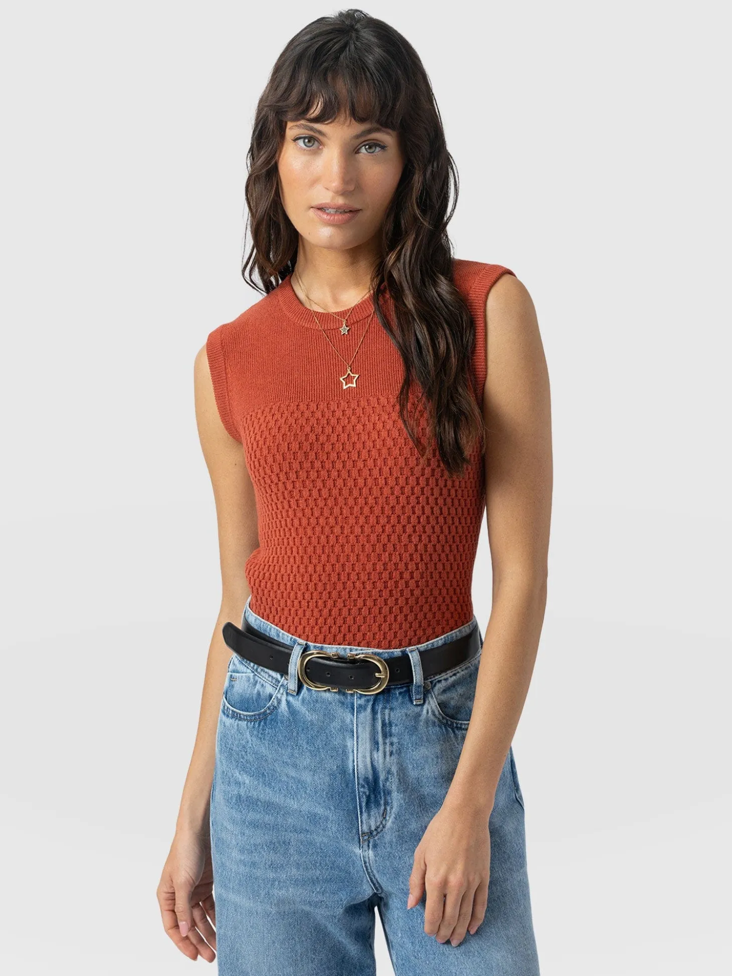 Honeycomb Sleeveless Rib Knit - Burnt Orange