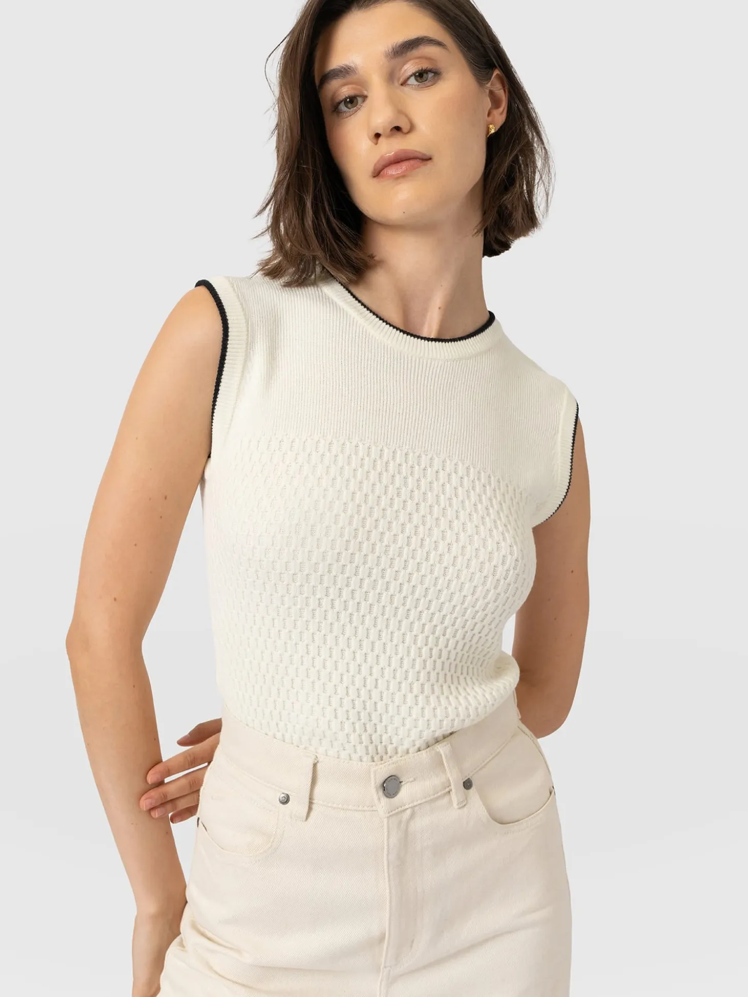 Honeycomb Sleeveless Rib Knit - Cream