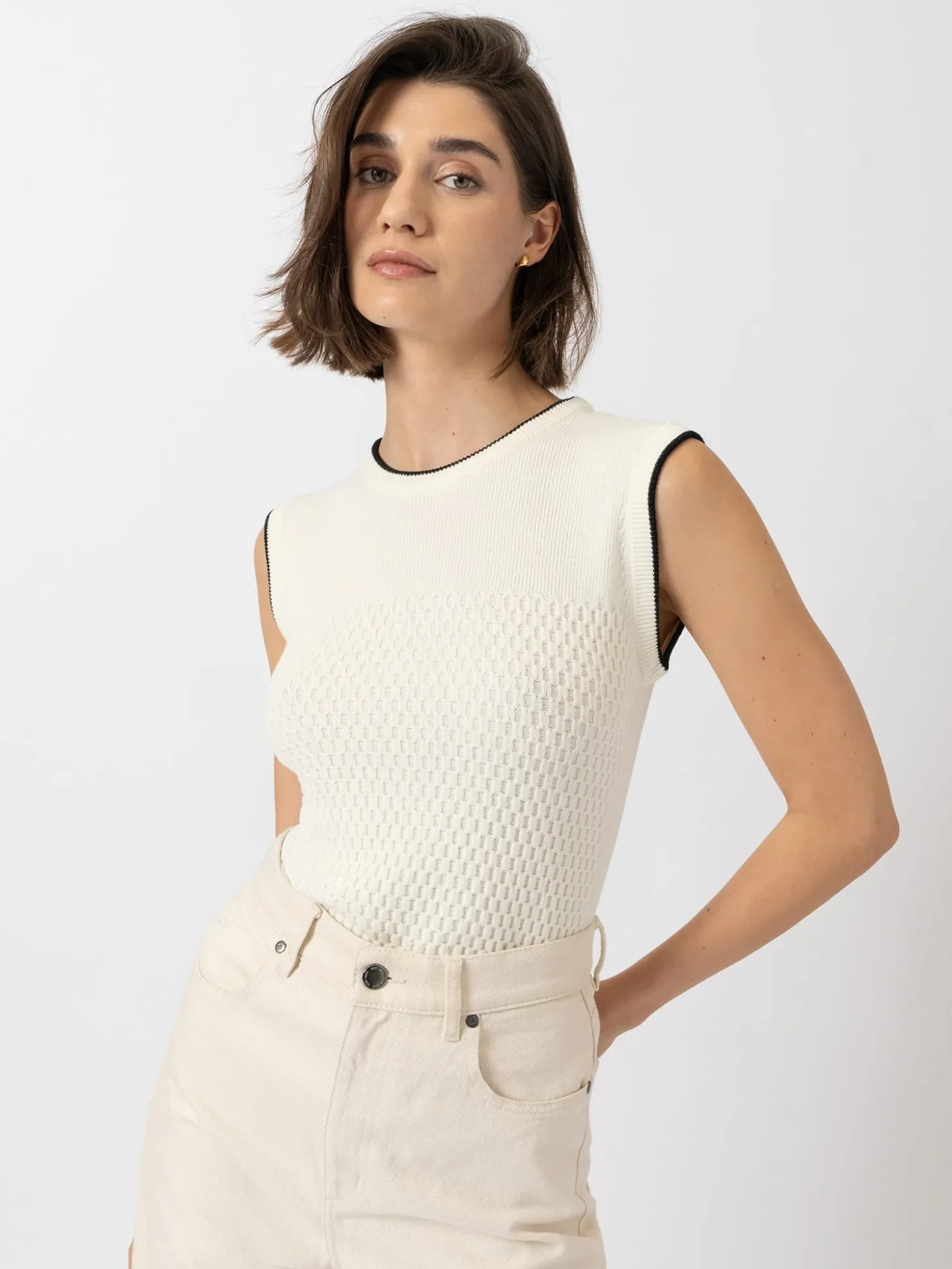 Honeycomb Sleeveless Rib Knit - Cream