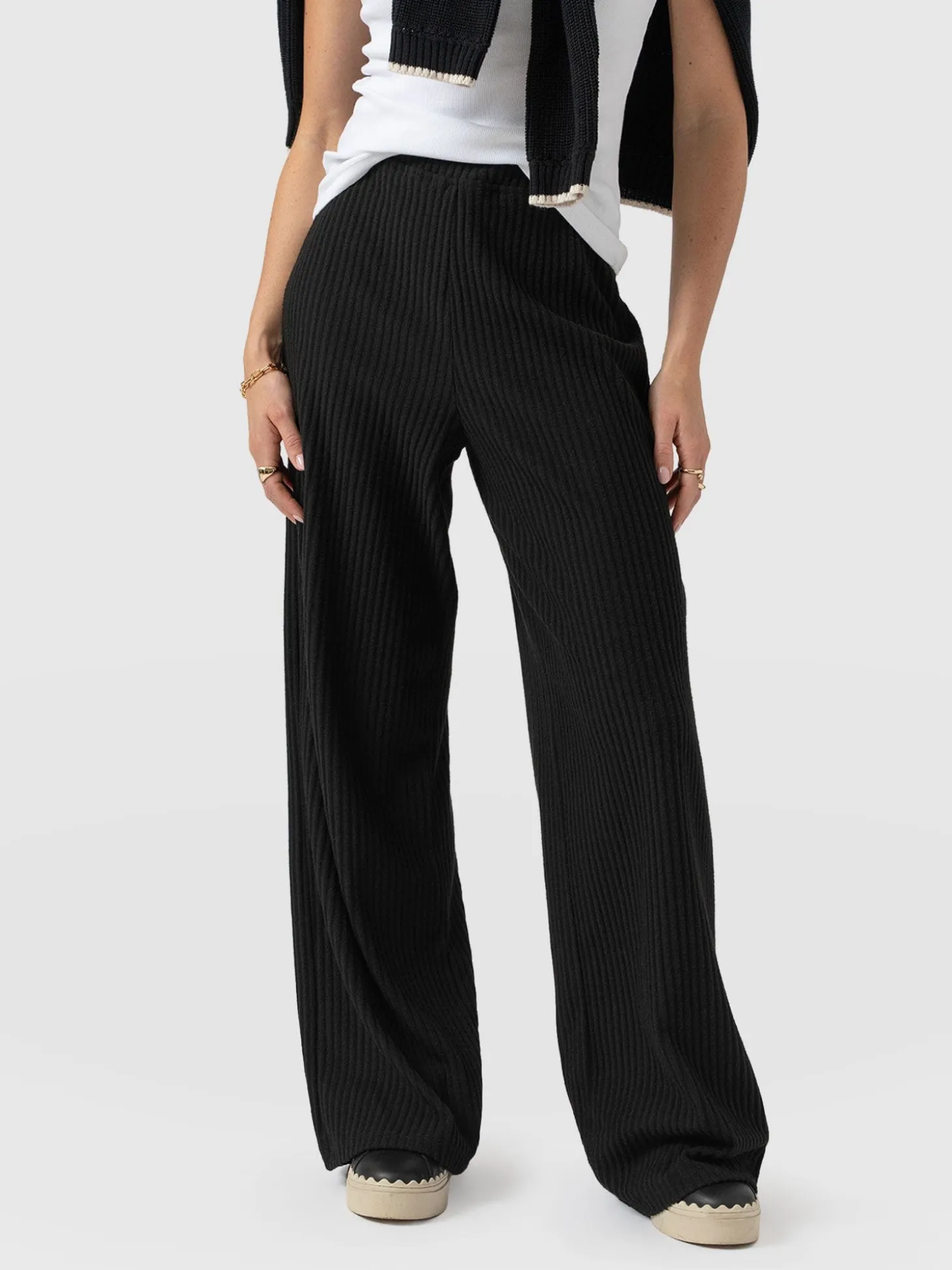 Hoxton Wide Leg Pant - Black Rib