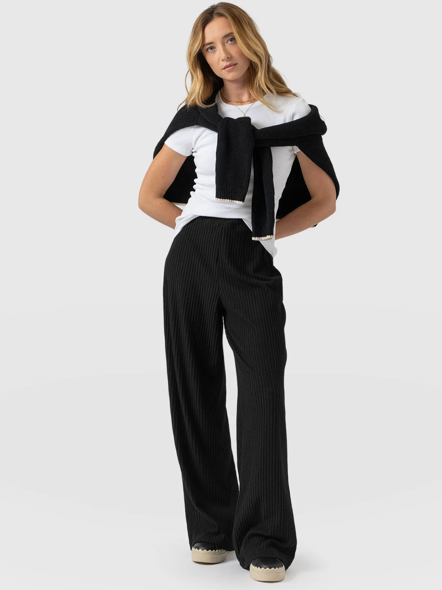 Hoxton Wide Leg Pant - Black Rib
