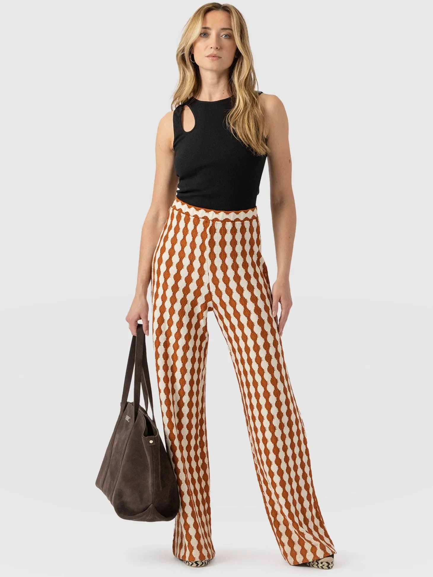 Hoxton Wide Leg Pant - Brown/Cream