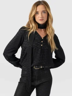 Joselyn V Neck Blouse - Black Jacquard